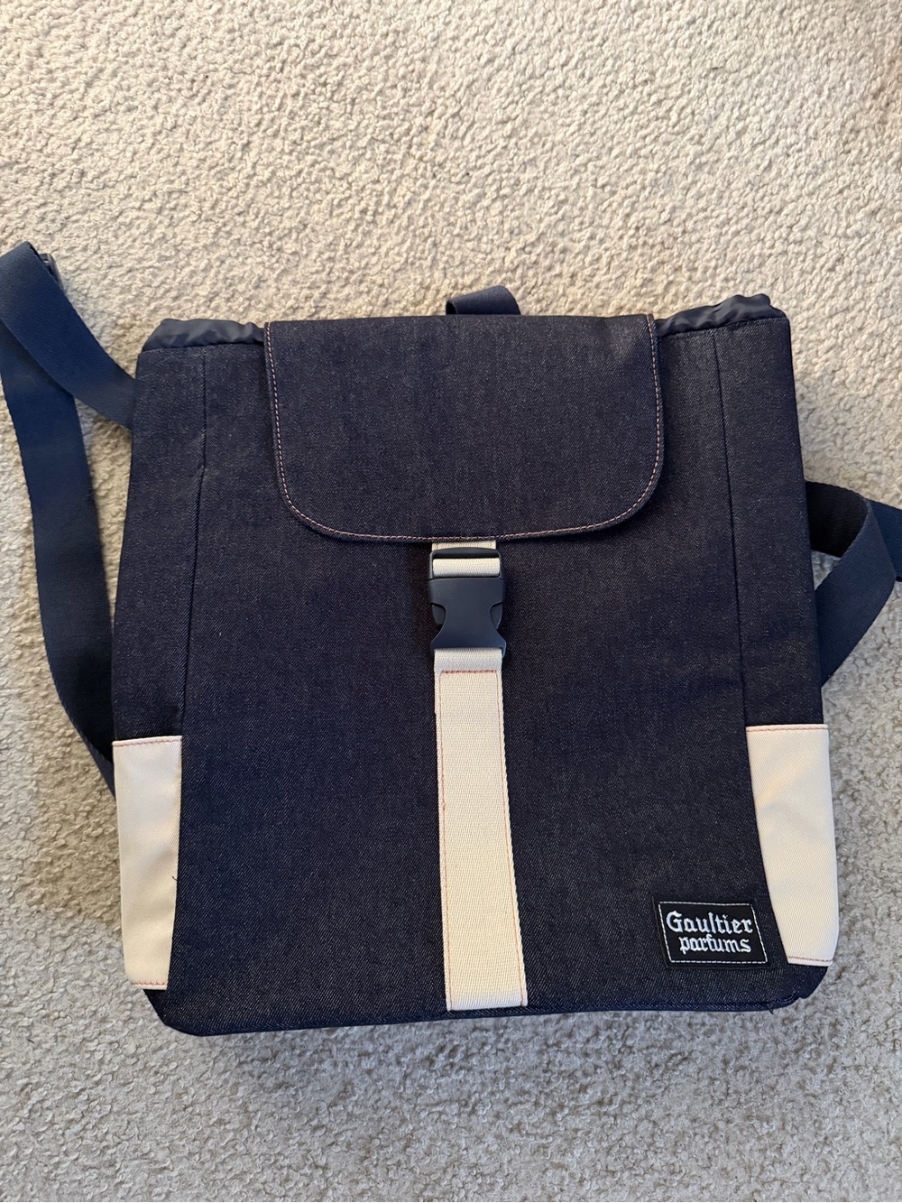 Gaultier Parfums Denim Logo Backpack- Navy & Cream